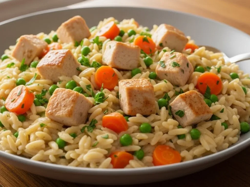 One-pot Cozy Chicken Pot Pie Orzo with Leftover Rotisserie Chicken