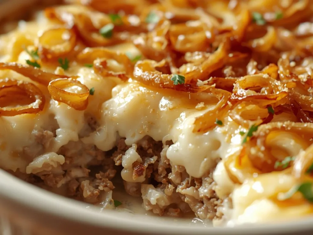 Close-up of cheesy French onion beef rice bake in a white ceramic dish.