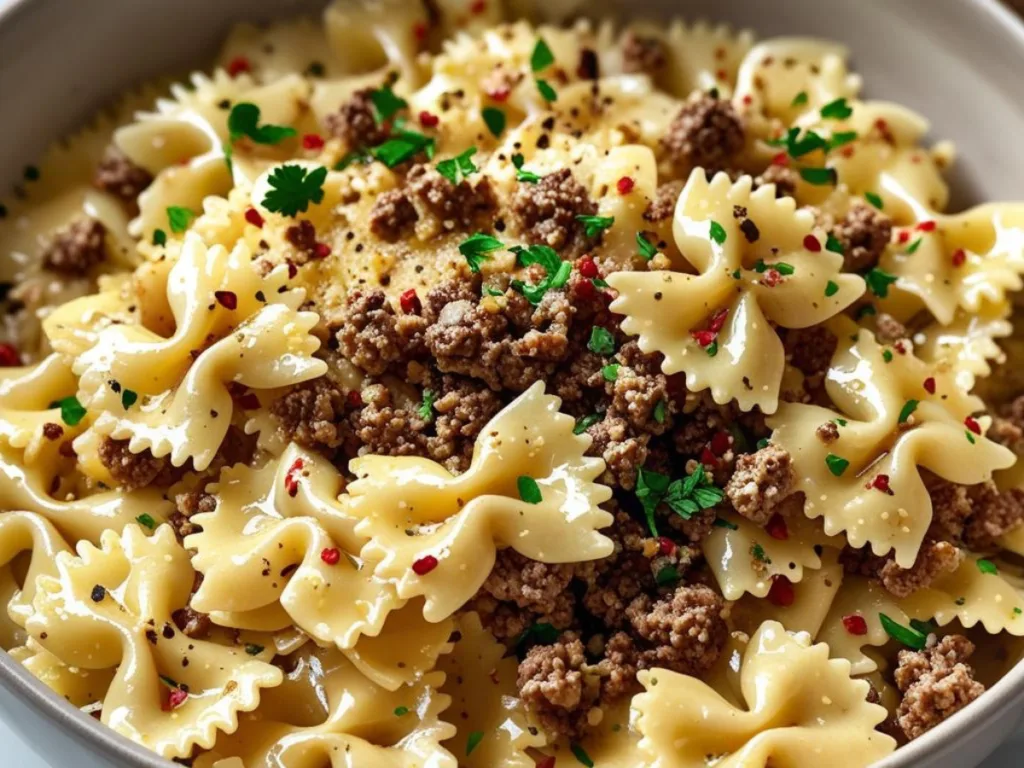 Healthy garlic butter beef bowtie pasta with lean beef.
