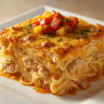 Close-up of Spicy Southern Cheesy Chicken Spaghetti Casserole featuring Spaghetti Pasta, Sauteed Veggies, and a rich Cheesy Sauce with a hint of spice.
