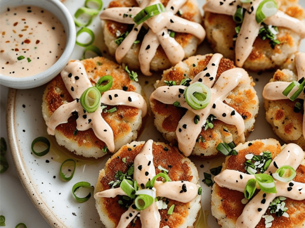 Searing Asian-style tuna cakes with spicy mayo in a pan.