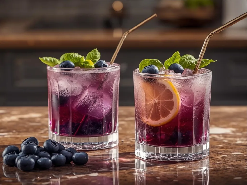 Close up of Blueberry Basil Lemon Lavender Mocktail garnish.