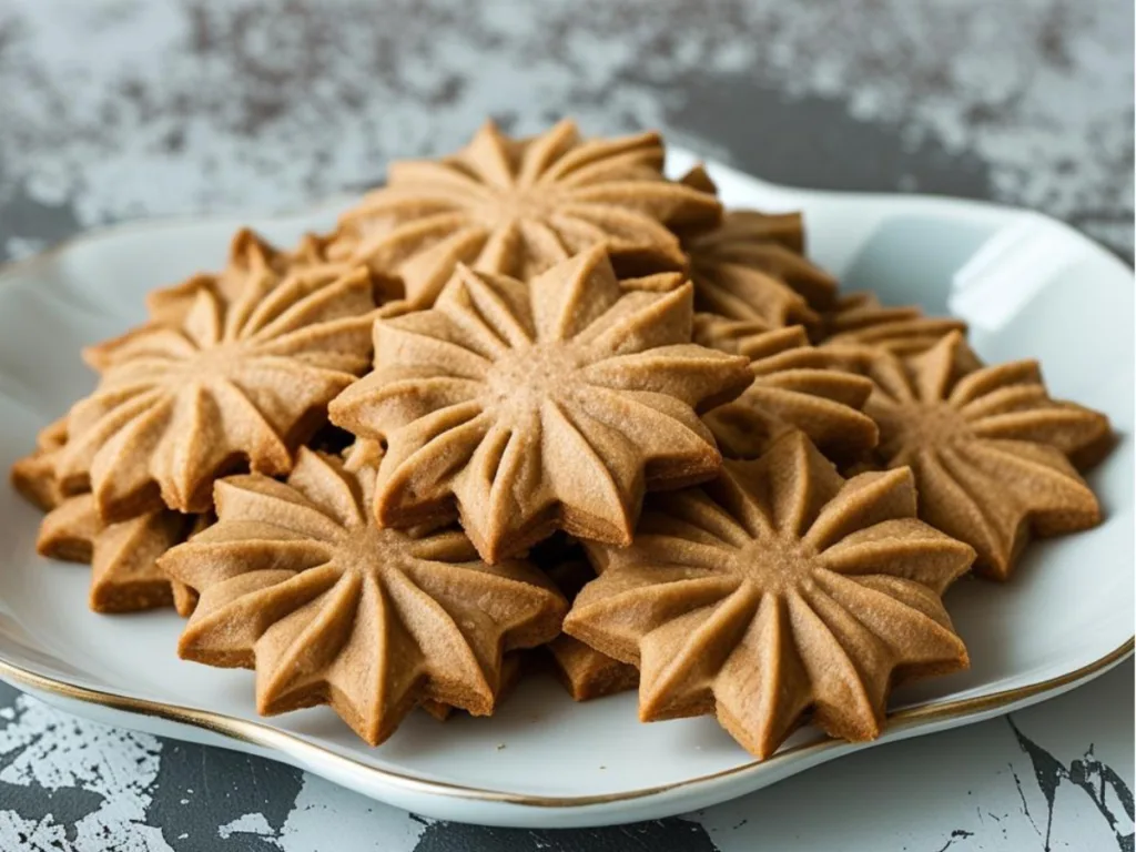 Stack of holiday cookies on a festive plate, demonstrating a coffee butter cookies recipe ideal for Christmas baking and sweet gift ideas.