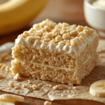 Close-up of Rice Krispie treats with banana pudding and buttery rice texture.