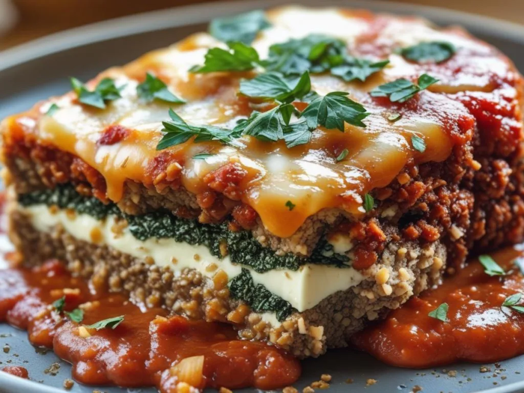 Stuffed Italian meatloaf slices with melted cheese.