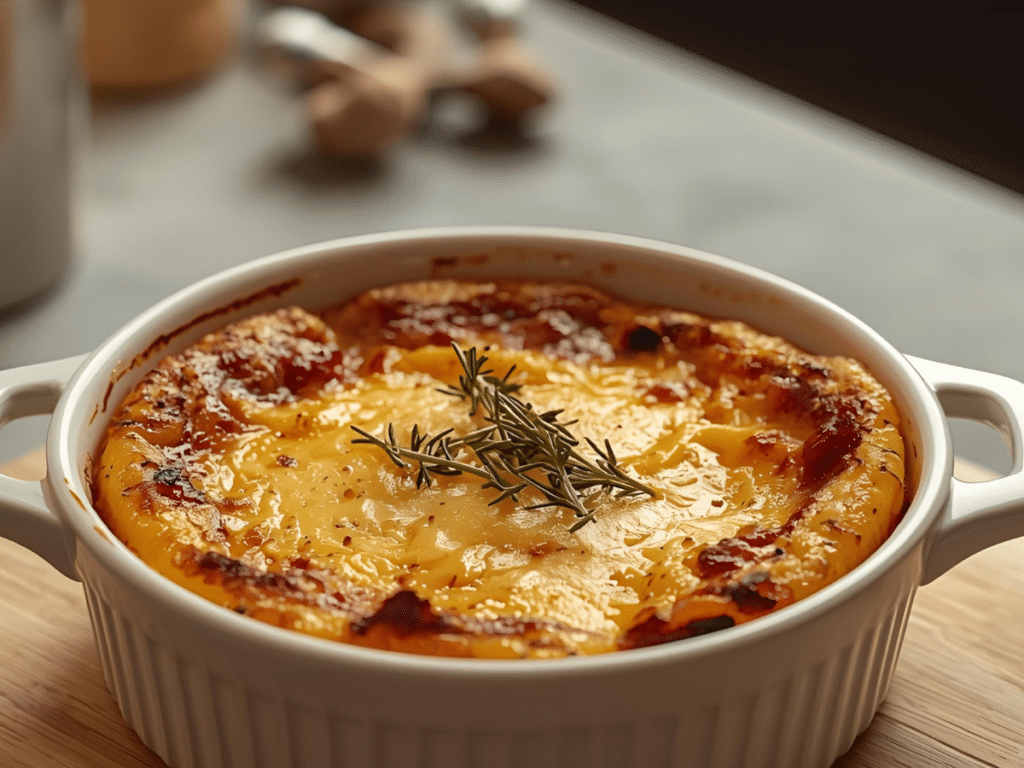 Alt Text: Detail shot of melted smoked gouda cheese mixed with deep golden caramelized onions in a savory dip.