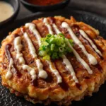 Authentic Japanese okonomiyaki street food style.
