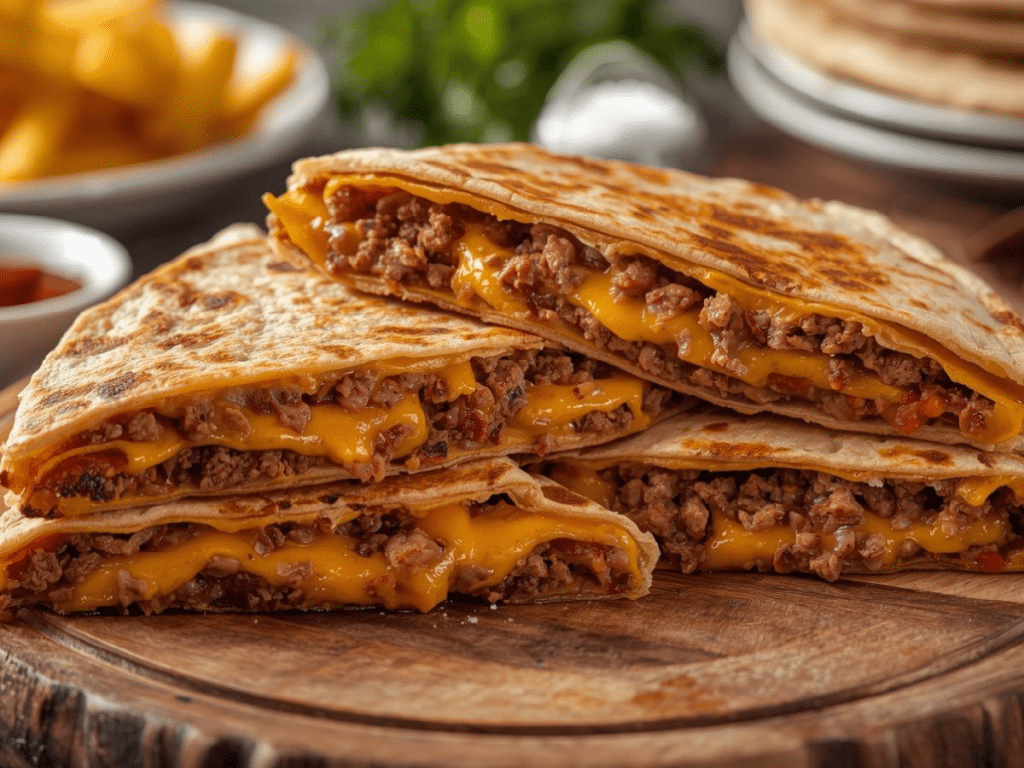 Sliced Smashburger Quesadilla showing the internal layers of seasoned crispy beef, melted cheese, and pickles.