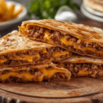Sliced Smashburger Quesadilla showing the internal layers of seasoned crispy beef, melted cheese, and pickles.