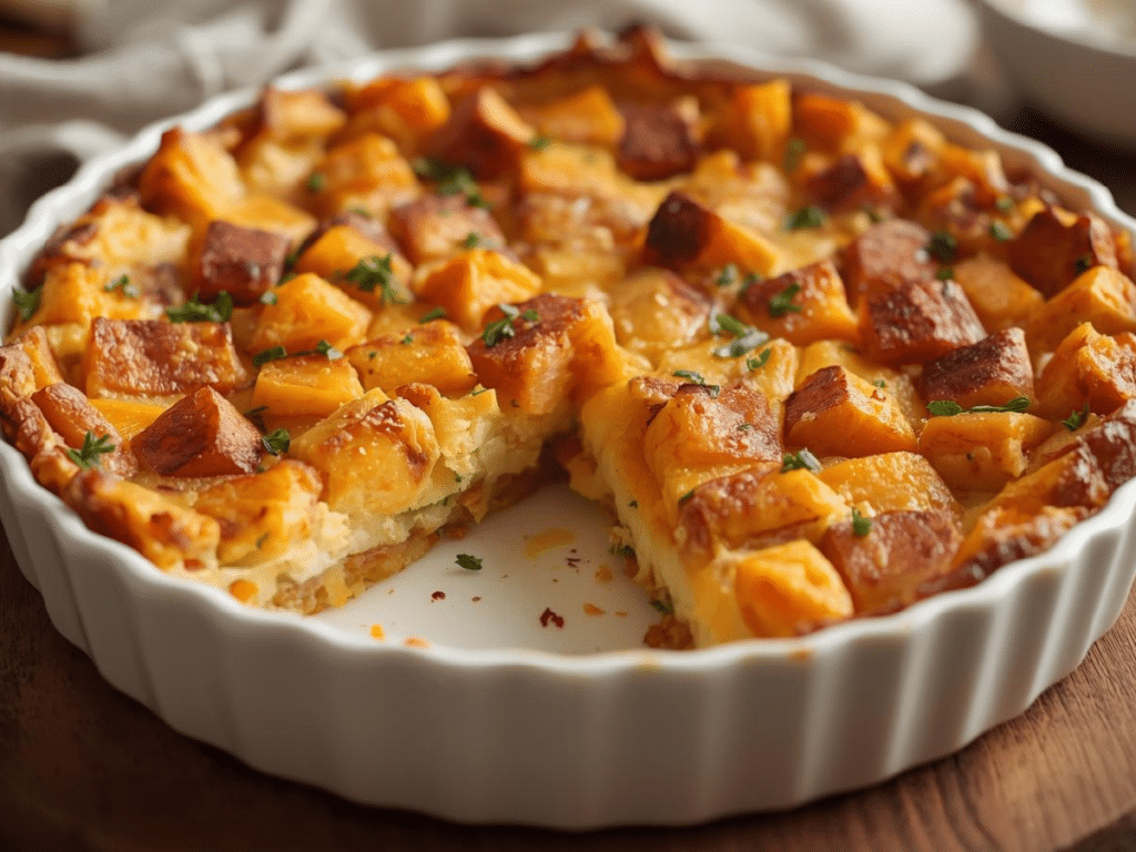 Sweet Potato Egg Casserole served with a side of fresh greens.