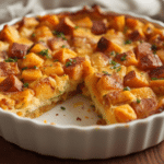 Sweet Potato Egg Casserole served with a side of fresh greens.