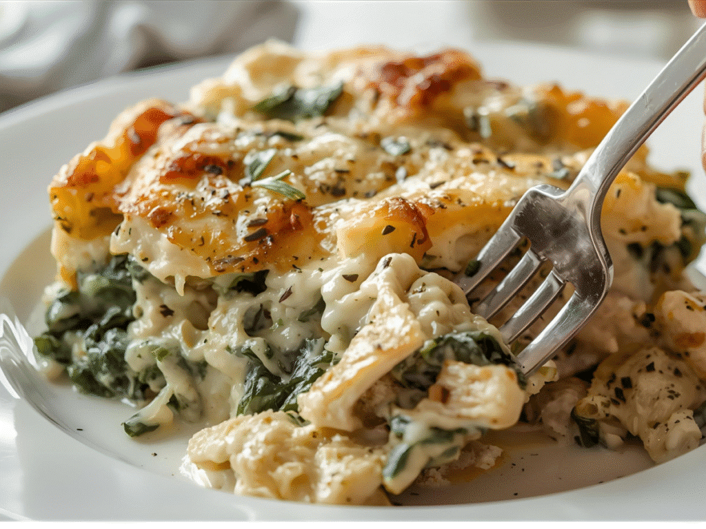Creamy Chicken and Spinach Casserole fresh from the oven.