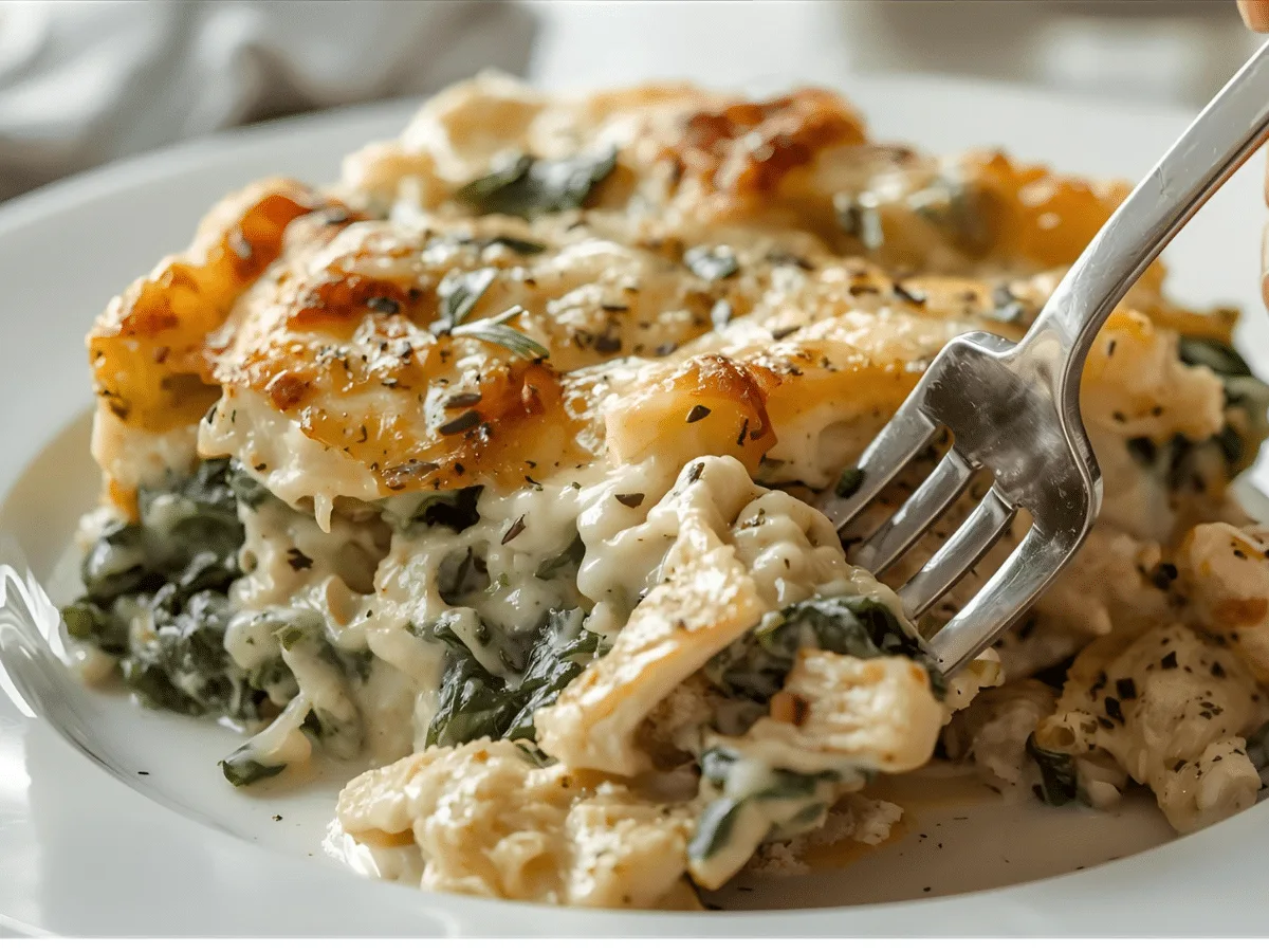 Creamy Chicken and Spinach Casserole fresh from the oven.