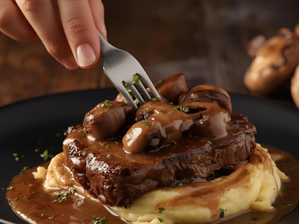 Alt: Homemade Salisbury Steak with Mushroom Gravy in a cast iron skillet.