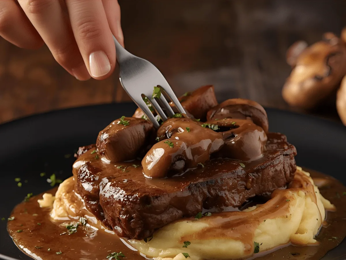 Alt: Homemade Salisbury Steak with Mushroom Gravy in a cast iron skillet.
