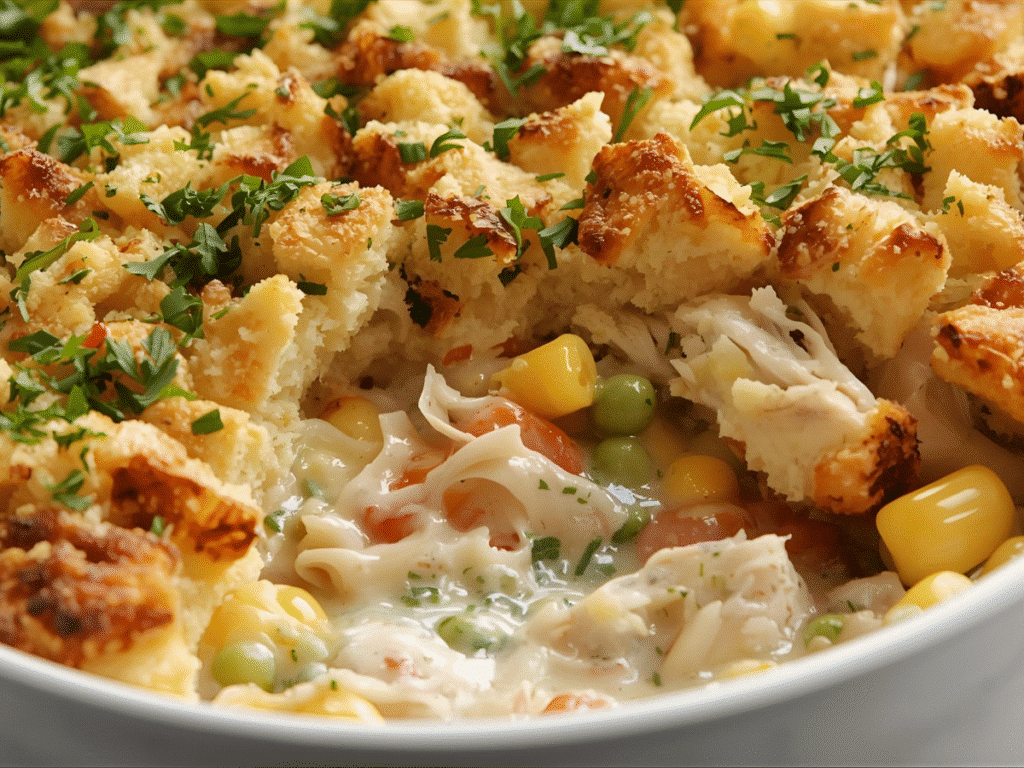 Golden brown Rotisserie Chicken Stuffing Casserole bubbling in a white baking dish, topped with crispy Stove Top stuffing and fresh parsley.