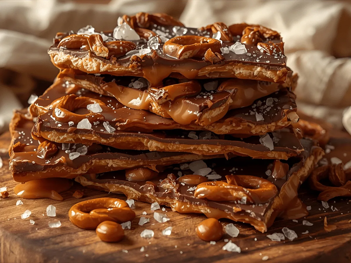Golden Salted Caramel Pretzel Bark with visible layers of caramel and chocolate.