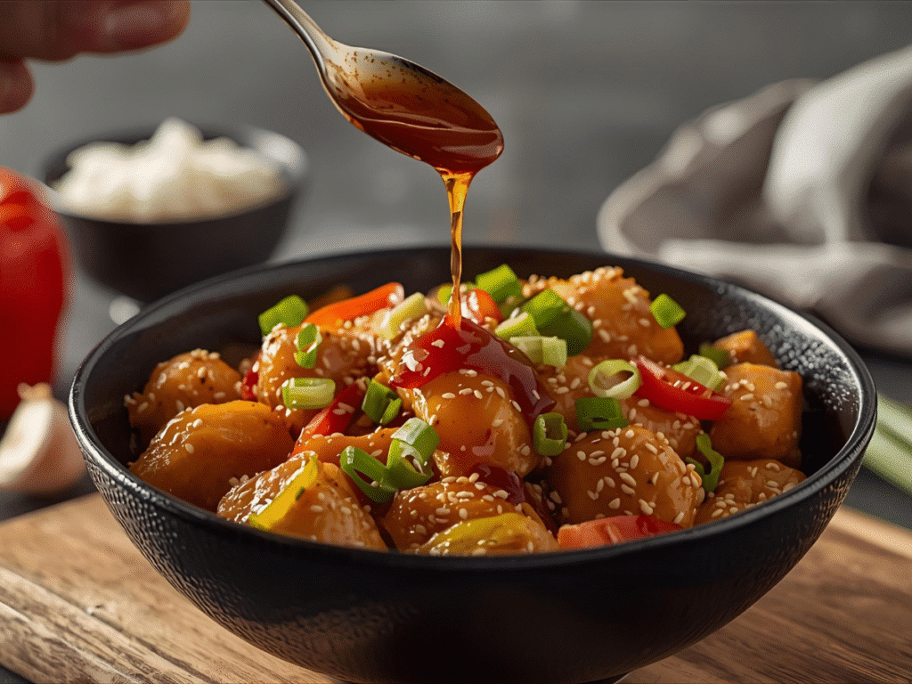 Best ever Chinese chicken stir fry recipe featuring golden chicken thighs, roasted cashews, and green snow peas in a glossy brown sauce on a white plate