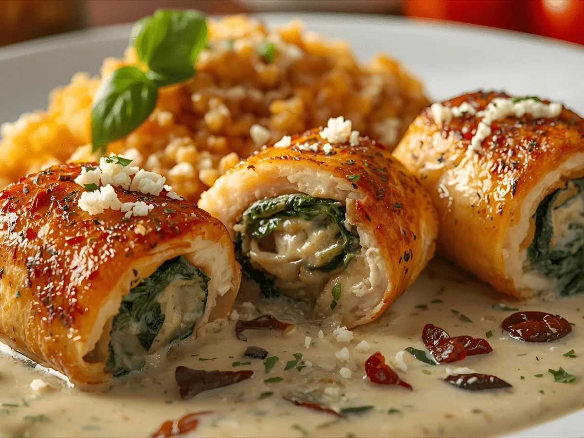 Golden seared Creamy Tuscan Chicken Roll Ups simmering in a skillet with spinach and sun-dried tomatoes in a creamy garlic sauce.