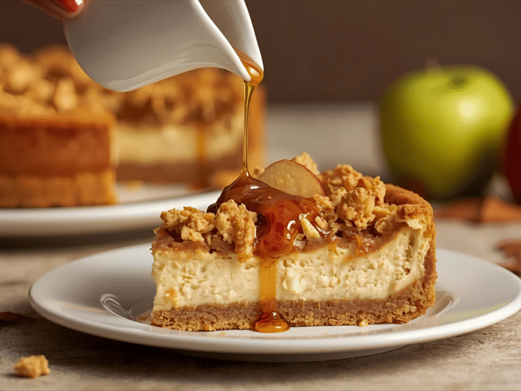 Version 1: alt="Apple Crisp Cheesecake with caramel drizzle",
