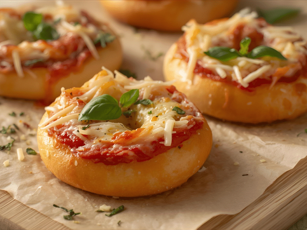 Alt Text: "Hyper-realistic close-up of cheesy mini pizza bagels with steam rising.