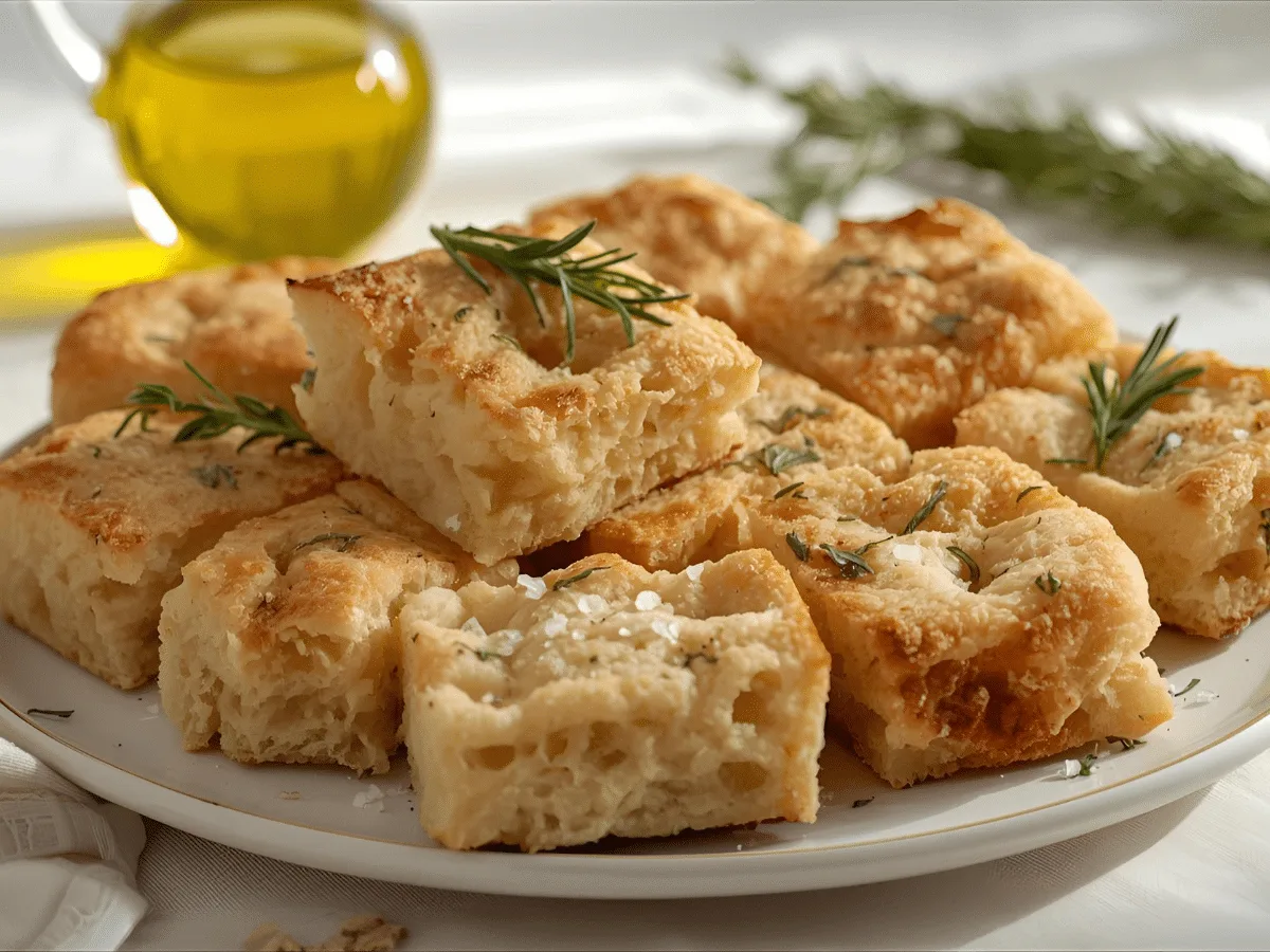 Golden Easy Sourdough Focaccia Bread Recipe fresh from oven with rosemary topping, showing crispy crust and soft airy crumb perfect for beginners.