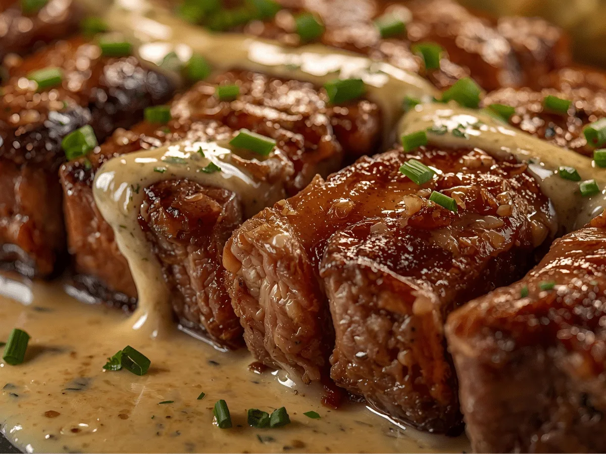 Filename: juicy-steak-with-garlic-cream-sauce-recipe.jpg Alt Text: Juicy Steak with Garlic Cream Sauce served on a white plate. Caption: The ultimate weeknight luxury: Steak with Garlic Cream Sauce. Description: A perfectly seared ribeye smothered in a homemade Steak with Garlic Cream Sauce, ready for a family dinner.