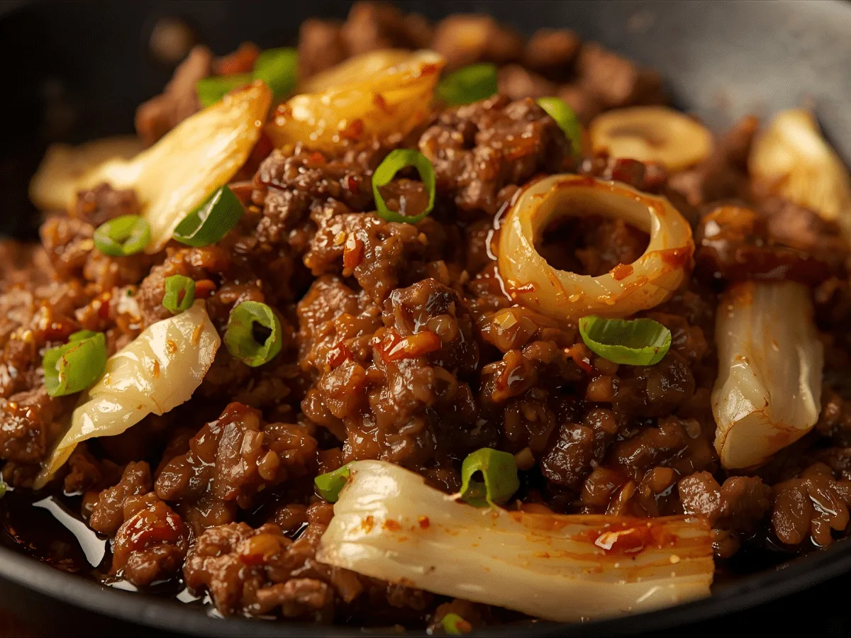 Low Carb Mongolian Ground Beef and Cabbage skillet with green onions.