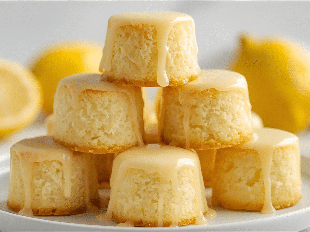 Close up of glazed Mini Lemon Drop Cakes on a cooling rack, highlighting the zesty icing and moist crumb texture, perfect for lemon dessert ideas.