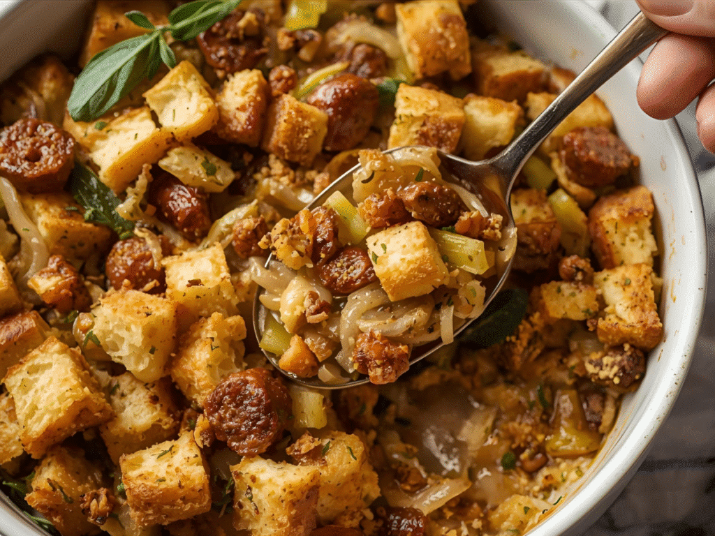 Alt Text: Irresistible stuffing recipe baked to golden perfection in a white casserole dish. Filename: irresistible-stuffing-recipe-thanksgiving.jpg Caption: The ultimate Irresistible Stuffing Recipe for your holiday table. Description: A high-angle shot of the golden brown crispy top of a homemade herb stuffing.