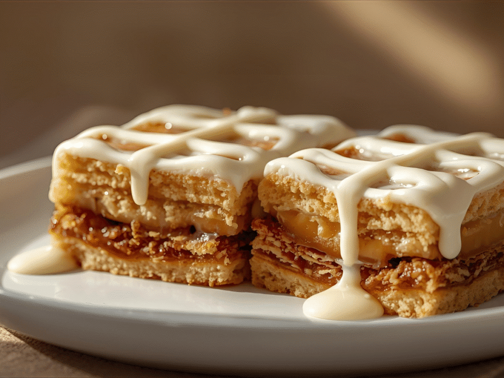 A single Cinnamon Roll Bliss Bar on a dessert plate with a fork, showing the moist interior.
