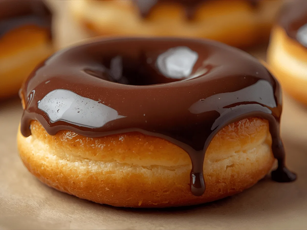 Fluffy Boston Cream Donuts stacked with chocolate glaze.