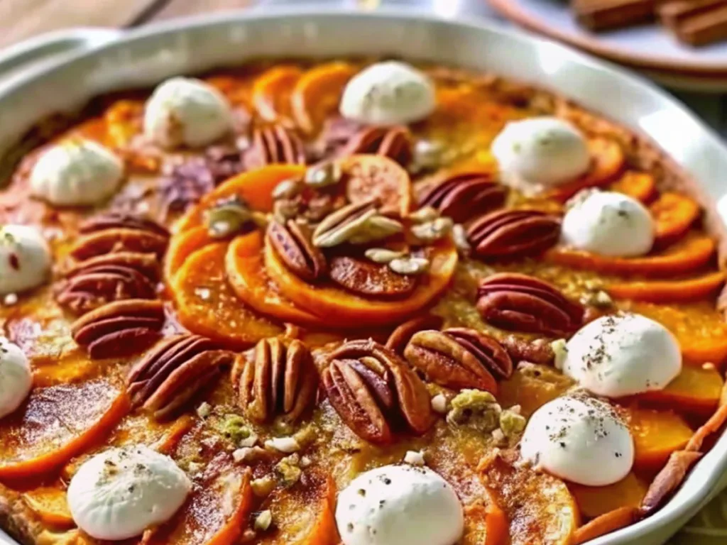 Cinnamon Scalloped Sweet Potatoes in a baking dish,