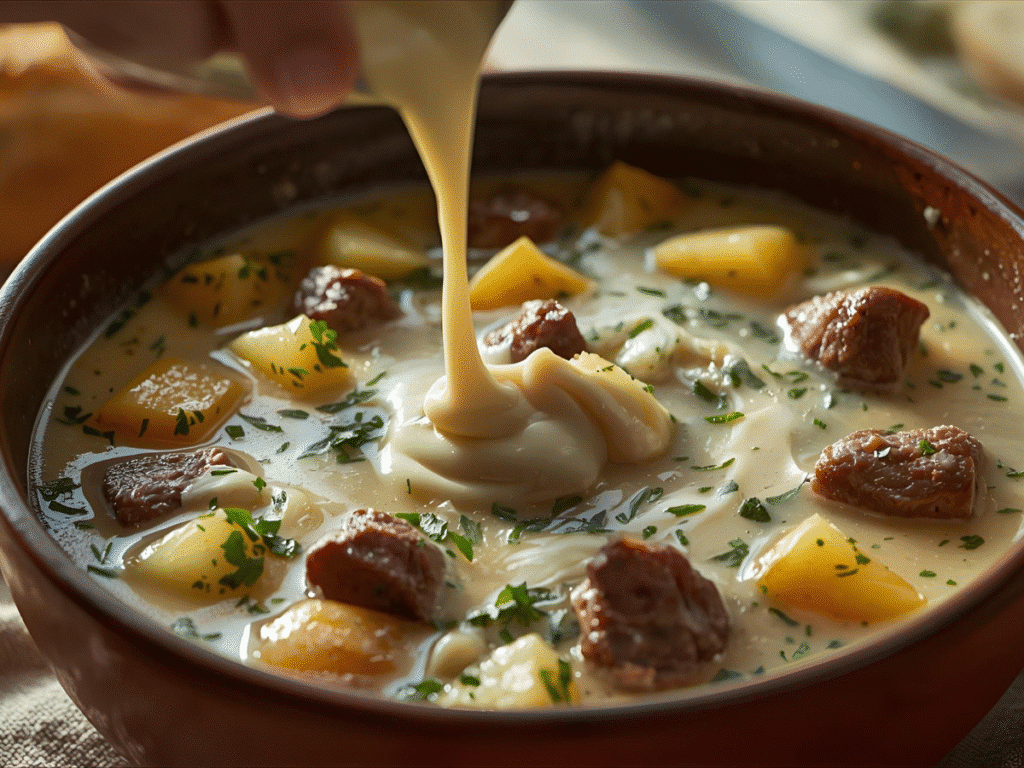  | Alt: Hearty steak potato soup with fresh herbs.