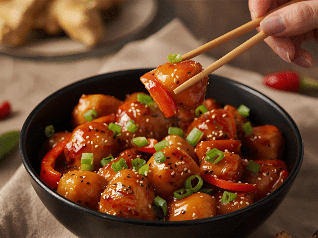 Plate of homemade Chinese chicken better than takeout served over fluffy white rice with chopsticks and a side of soy sauce.