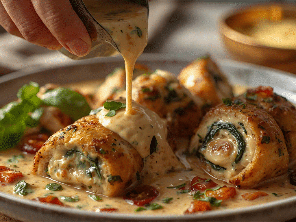 Close up overhead shot of best Tuscan Chicken Rolls topped with fresh parsley and creamy parmesan sauce.