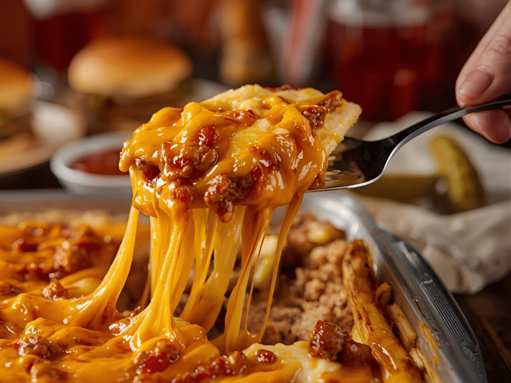 Alt Text: Cheesy French Fry Casserole with golden crust.