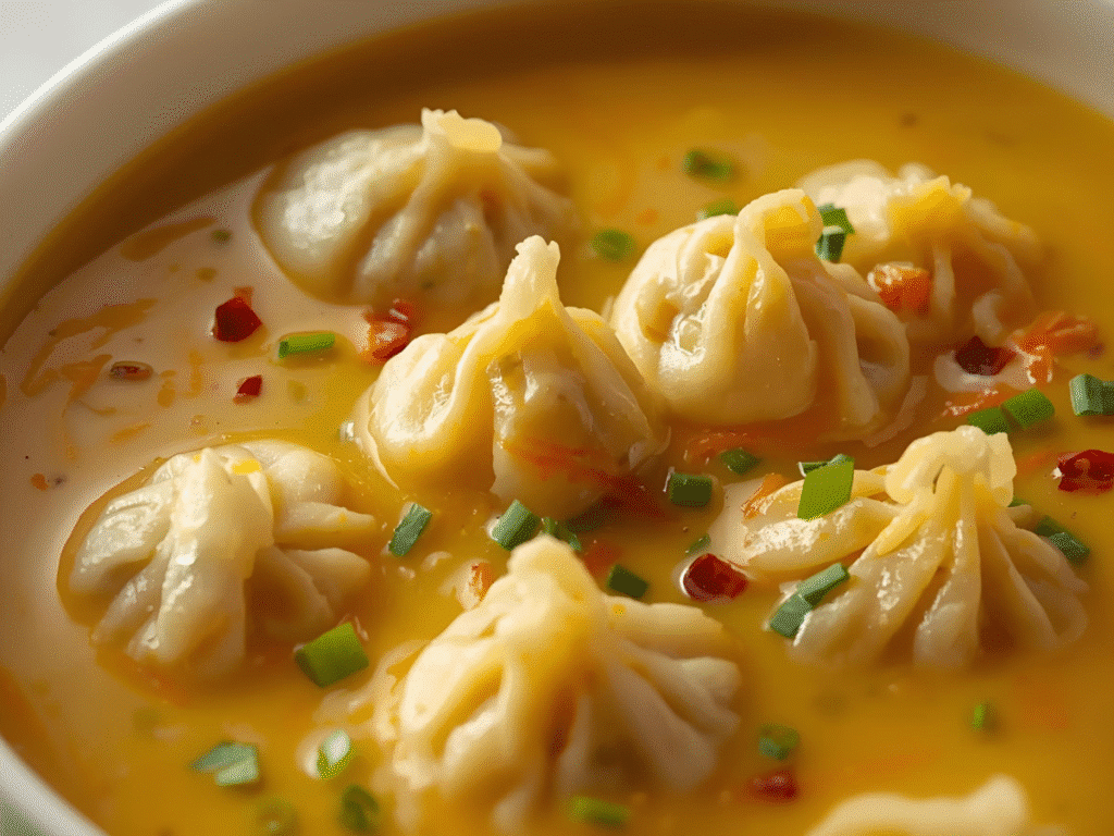 Pot of simmering Thai Coconut Curry Dumpling Soup on stove,