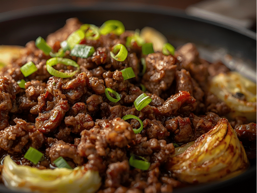 Bowl of Low Carb Mongolian Ground Beef and Cabbage with sesame seeds.