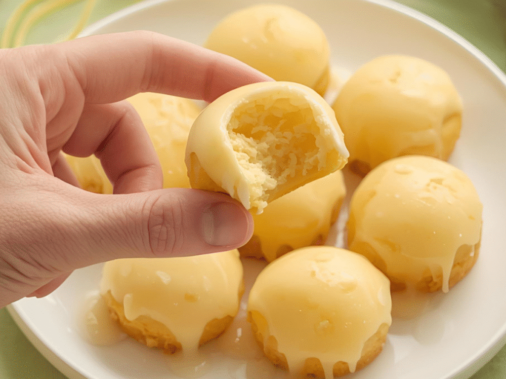 Overhead view of Mini Lemon Drop Cakes arranged on a rustic wooden board with fresh lemons, featuring golden brown edges and soft texture.