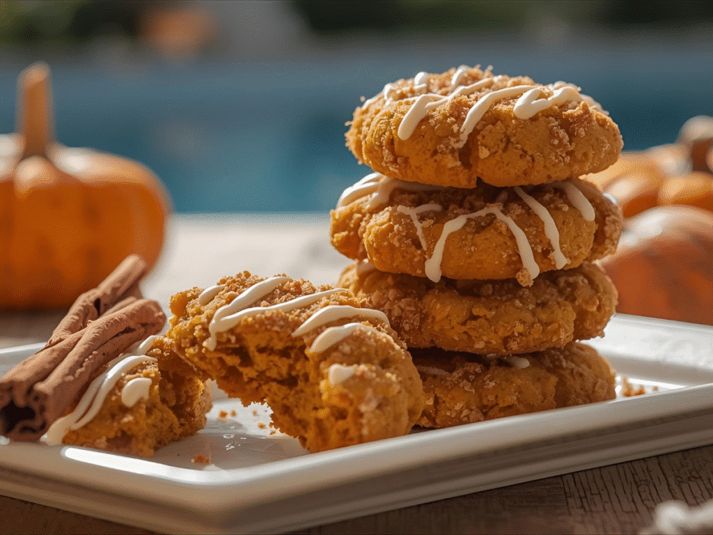 Stack of Pumpkin Crumb Cake Cookies with glaze