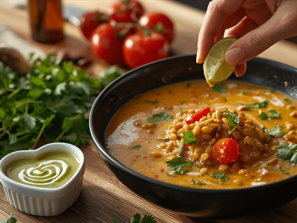 Red Lentil Curry with coconut milk and spinach. 