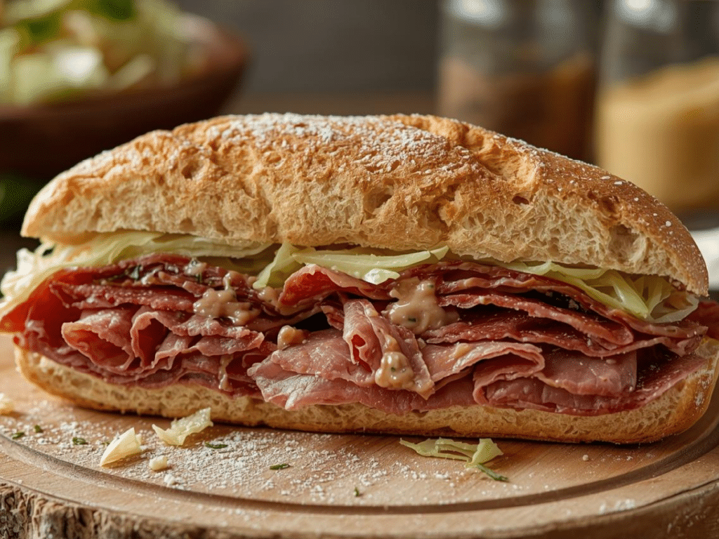Alt Text: Close-up of an Italian Grinder Salad Sandwich cut in half, revealing the chopped Italian sandwich layers and fresh pepperoncini peppers.