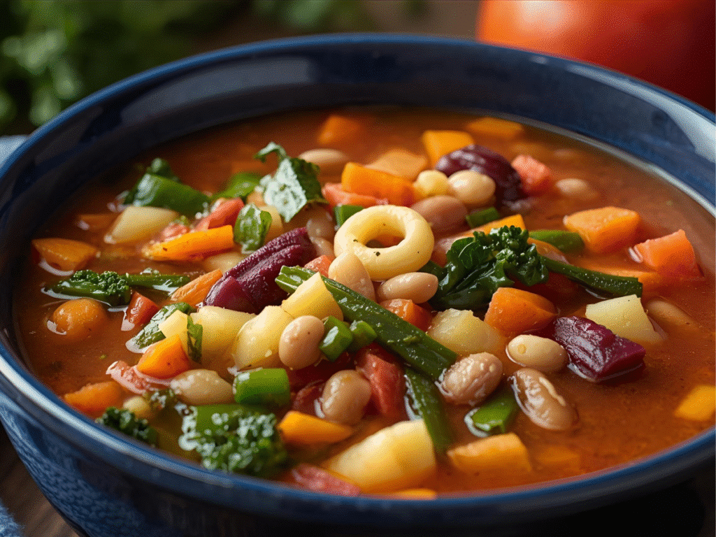 Rustic table setting with a bowl of Authentic Minestrone Soup and breadsticks.