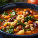Alt Text: Rustic table setting with a bowl of Authentic Minestrone Soup and breadsticks.