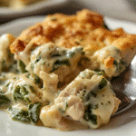 Alt Text: Plated serving of Spinach Stuffed Chicken Casserole with a side salad.
