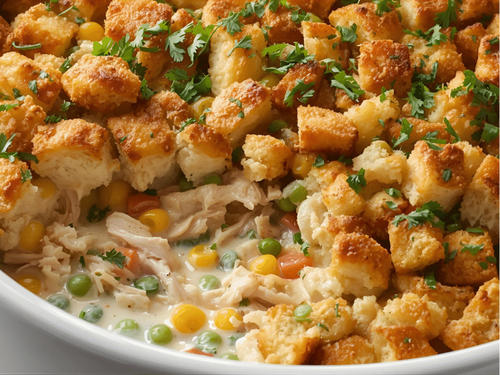 Overhead view of a cooked Chicken and Stuffing Casserole fresh from the oven with a golden crust and creamy texture.
