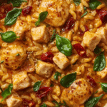 Rustic table setting featuring a large pan of Marry Me Chicken Orzo garnished with parmesan cheese