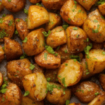 Alt Text: Rosemary Potatoes served on a white plate with a side of roasted garlic.