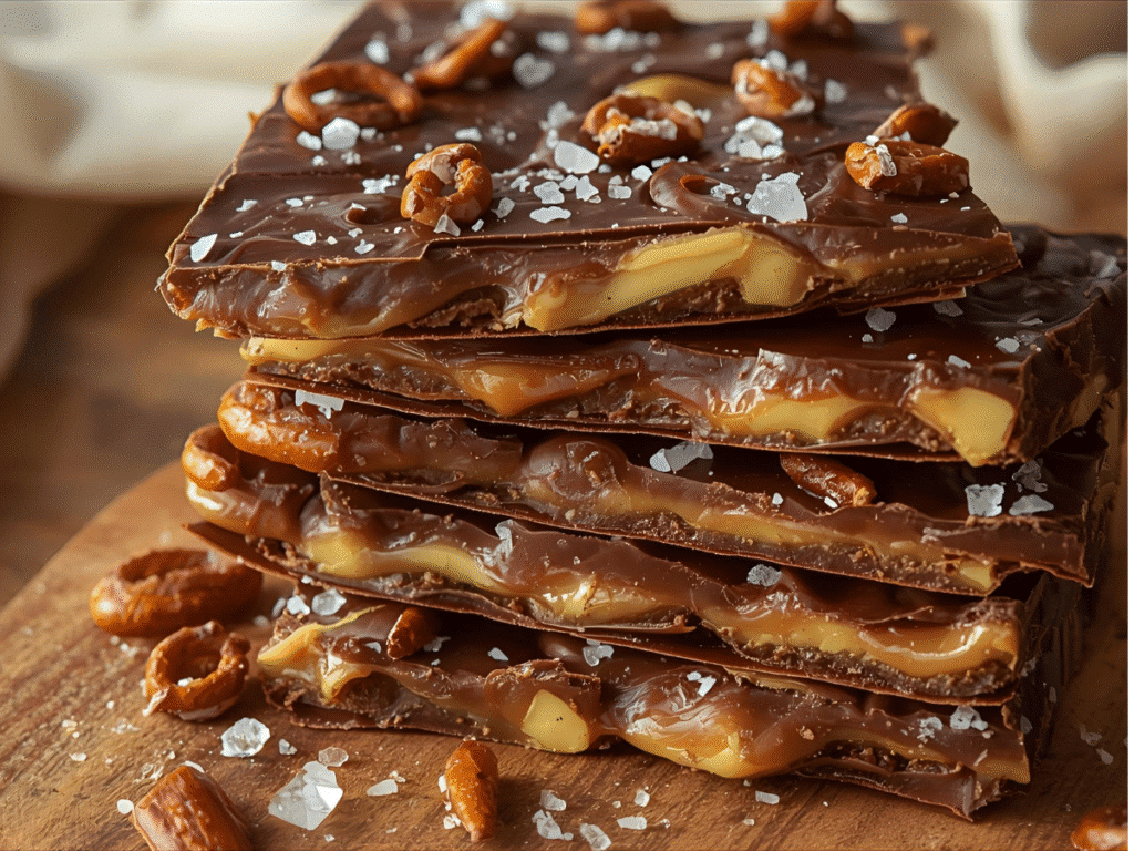 Salted Caramel Pretzel Bark served in a white bowl.
